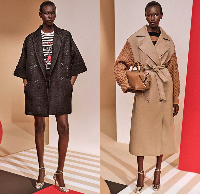 Max Mara 2024 Pre-Fall Autumn Womens Lookbook - Shirtdress Sweaterdress Blouse Stripes Onesie Butterfly Shoulders Drop Shoulder Fins Flap Lantern Knit Wide Quarter Sleeves Bell Hem Blazer Jacket Blazerdress Polka Dots Spots Shift Dress Drawstring Pants Wide Leg Palazzo Pants Miniskirt Tied Draped Outerwear Trench Coat Hybrid Handbag Flats Ballet Shoes