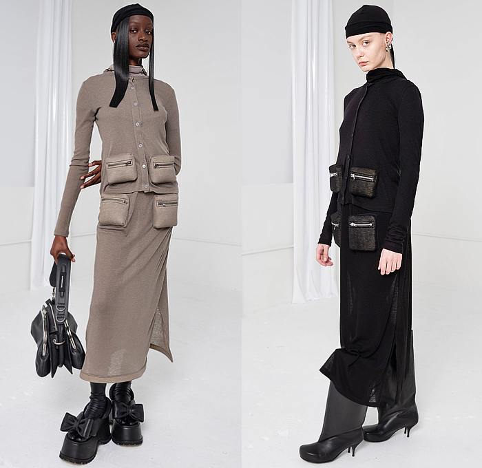 Melitta Baumeister 2024-2025 Fall Autumn Winter Womens Lookbook - New York Fashion Week NYFW - Dark Wash Distressed Oversized Denim Jeans Cardigan Cargo Zipper Utility Pockets Quilted Cobblestones Puffer Knit Ribbed Sweater Jumper Puff Poufy Sleeves Shift Dress Peasant Hood Turtleneck Bomber Jacket Outerwear Coat Peplum Foam Ruffle Hem Ripple Skirt Wide Leg Culottes Handbag Canister Bag Bow Platform Sandals Boots Kitten Heels