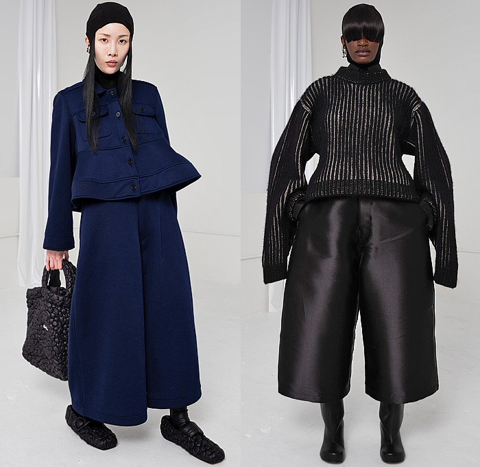 Melitta Baumeister 2024-2025 Fall Autumn Winter Womens Lookbook - New York Fashion Week NYFW - Dark Wash Distressed Oversized Denim Jeans Cardigan Cargo Zipper Utility Pockets Quilted Cobblestones Puffer Knit Ribbed Sweater Jumper Puff Poufy Sleeves Shift Dress Peasant Hood Turtleneck Bomber Jacket Outerwear Coat Peplum Foam Ruffle Hem Ripple Skirt Wide Leg Culottes Handbag Canister Bag Bow Platform Sandals Boots Kitten Heels