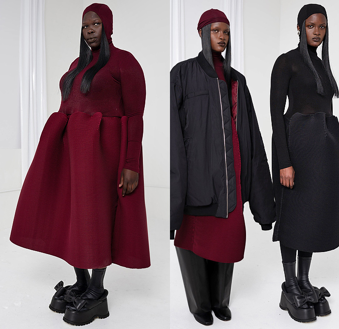 Melitta Baumeister 2024-2025 Fall Autumn Winter Womens Lookbook - New York Fashion Week NYFW - Dark Wash Distressed Oversized Denim Jeans Cardigan Cargo Zipper Utility Pockets Quilted Cobblestones Puffer Knit Ribbed Sweater Jumper Puff Poufy Sleeves Shift Dress Peasant Hood Turtleneck Bomber Jacket Outerwear Coat Peplum Foam Ruffle Hem Ripple Skirt Wide Leg Culottes Handbag Canister Bag Bow Platform Sandals Boots Kitten Heels