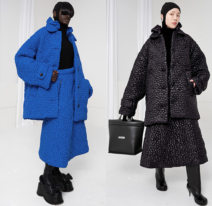 Melitta Baumeister 2024-2025 Fall Autumn Winter Womens Lookbook - New York Fashion Week NYFW - Dark Wash Distressed Oversized Denim Jeans Cardigan Cargo Zipper Utility Pockets Quilted Cobblestones Puffer Knit Ribbed Sweater Jumper Puff Poufy Sleeves Shift Dress Peasant Hood Turtleneck Bomber Jacket Outerwear Coat Peplum Foam Ruffle Hem Ripple Skirt Wide Leg Culottes Handbag Canister Bag Bow Platform Sandals Boots Kitten Heels