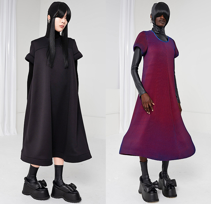 Melitta Baumeister 2024-2025 Fall Autumn Winter Womens Lookbook - New York Fashion Week NYFW - Dark Wash Distressed Oversized Denim Jeans Cardigan Cargo Zipper Utility Pockets Quilted Cobblestones Puffer Knit Ribbed Sweater Jumper Puff Poufy Sleeves Shift Dress Peasant Hood Turtleneck Bomber Jacket Outerwear Coat Peplum Foam Ruffle Hem Ripple Skirt Wide Leg Culottes Handbag Canister Bag Bow Platform Sandals Boots Kitten Heels