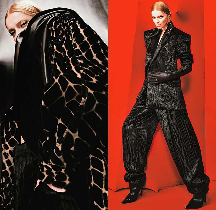 Mugler 2024 Pre-Fall Autumn Womens Lookbook - Power Rebellion - Straps Bandages Belts Buckles Cutout Dress One Shoulder Leather Fringes Corset Bustier Blazer Jacket Boxy Shoulders Backless Turtleneck Bedazzled Metal Studs Fern Sheer Tulle Dark Wash Denim Jeans Tights Leggings Handbag Girdle Strap Trench Coat Rounded Shoulders Wool Tiles Tree Bark Pattern Pantsuit Baggy Loose Opera Gloves