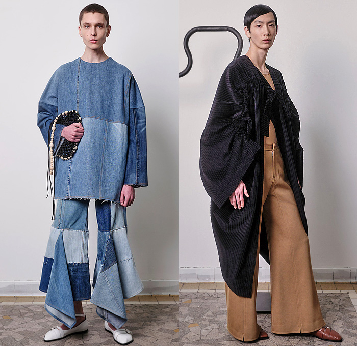 Niccolò Pasqualetti 2024-2025 Fall Autumn Winter Mens Lookbook Presentation - Paris Fashion Week PFW - Patchwork Denim Jeans Shirt Frayed Raw Hem Flare Bell Bottom Wide Leg Corduroy Cords Outerwear Coat Robe Beads Mesh Fishnet Net Flats