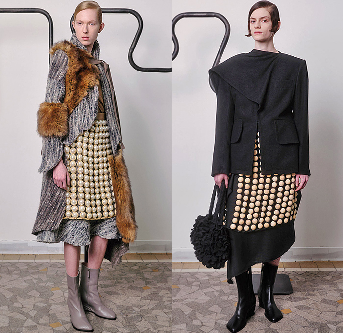 Niccolò Pasqualetti 2024-2025 Fall Autumn Winter Womens Collection - Paris Fashion Week PFW - Fur Plush Wool Coat Robe Bedazzled Giant Pearls Beads Spheres Cape Blazer Jacket Frayed Raw Hem Geometric Wrap Sash Crocodile Patchwork Crinoline Lantern Poodle Skirt Metal Foil Cuffs Cutout Check Crosshatch Corduroy Zipper Peel Away Miniskirt Deconstructed Knit Sweater Jumper Draped Puff Sleeves Bell Bottom Flare Velvet Stripes Dress Denim Jeans Leather Boots Handbag Petals