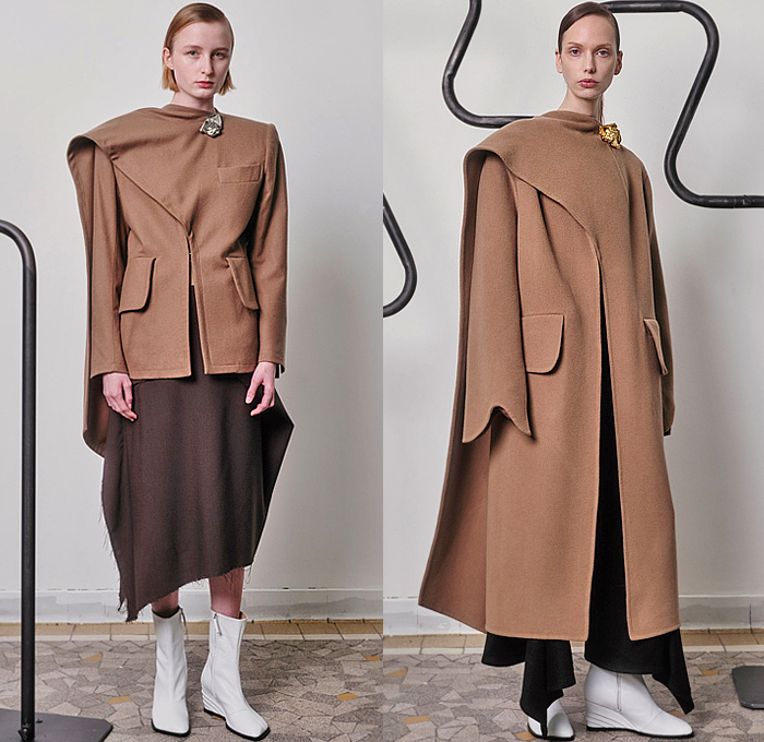 Niccolò Pasqualetti 2024-2025 Fall Autumn Winter Womens Collection - Paris Fashion Week PFW - Fur Plush Wool Coat Robe Bedazzled Giant Pearls Beads Spheres Cape Blazer Jacket Frayed Raw Hem Geometric Wrap Sash Crocodile Patchwork Crinoline Lantern Poodle Skirt Metal Foil Cuffs Cutout Check Crosshatch Corduroy Zipper Peel Away Miniskirt Deconstructed Knit Sweater Jumper Draped Puff Sleeves Bell Bottom Flare Velvet Stripes Dress Denim Jeans Leather Boots Handbag Petals