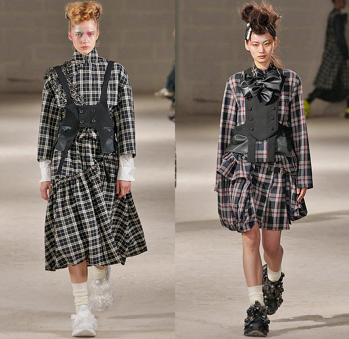 Noir Kei Ninomiya 2024-2025 Fall Autumn Winter Womens Collection - Paris Fashion Week PFW - Iridescence - Flowers Floral Plaid Check Studs Harness Vest Blazer Skirt Bows Safety Pins Trench Coat Robe Bicycle Shorts Paisley Weave Mesh Bomber Jacket Quilted Puffer Icicles Feathers Rainbow Gown Sheer Tulle Furry Keycaps Sculpture Radiant Color Samples Paint Fan Frankenstein Shoulders Pinafore Dress Cape Stained Glass Chandelier Wires Loops Coils Velvet Reebok Instapump Fury Trainers