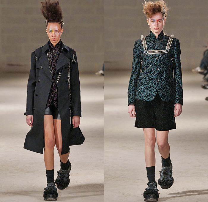 Noir Kei Ninomiya 2024-2025 Fall Autumn Winter Womens Collection - Paris Fashion Week PFW - Iridescence - Flowers Floral Plaid Check Studs Harness Vest Blazer Skirt Bows Safety Pins Trench Coat Robe Bicycle Shorts Paisley Weave Mesh Bomber Jacket Quilted Puffer Icicles Feathers Rainbow Gown Sheer Tulle Furry Keycaps Sculpture Radiant Color Samples Paint Fan Frankenstein Shoulders Pinafore Dress Cape Stained Glass Chandelier Wires Loops Coils Velvet Reebok Instapump Fury Trainers