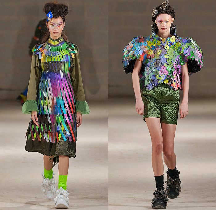 Noir Kei Ninomiya 2024-2025 Fall Autumn Winter Womens Collection - Paris Fashion Week PFW - Iridescence - Flowers Floral Plaid Check Studs Harness Vest Blazer Skirt Bows Safety Pins Trench Coat Robe Bicycle Shorts Paisley Weave Mesh Bomber Jacket Quilted Puffer Icicles Feathers Rainbow Gown Sheer Tulle Furry Keycaps Sculpture Radiant Color Samples Paint Fan Frankenstein Shoulders Pinafore Dress Cape Stained Glass Chandelier Wires Loops Coils Velvet Reebok Instapump Fury Trainers