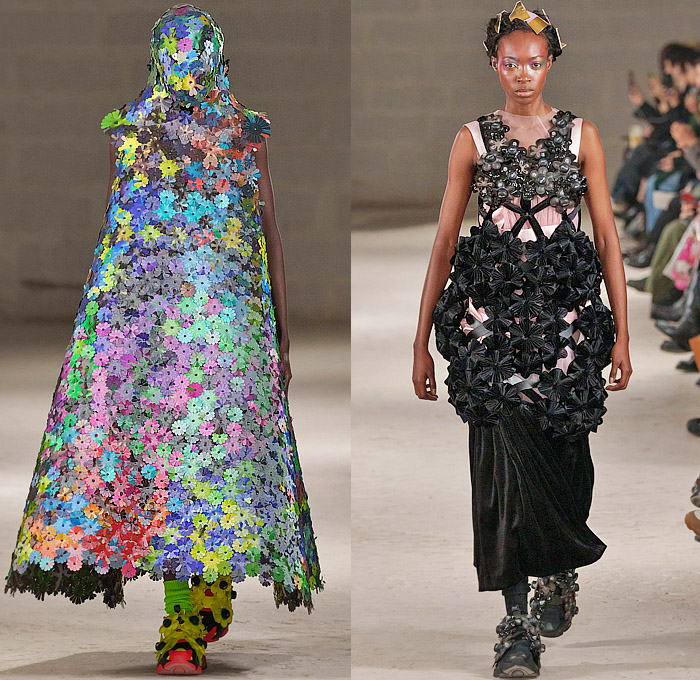 Noir Kei Ninomiya 2024-2025 Fall Autumn Winter Womens Collection - Paris Fashion Week PFW - Iridescence - Flowers Floral Plaid Check Studs Harness Vest Blazer Skirt Bows Safety Pins Trench Coat Robe Bicycle Shorts Paisley Weave Mesh Bomber Jacket Quilted Puffer Icicles Feathers Rainbow Gown Sheer Tulle Furry Keycaps Sculpture Radiant Color Samples Paint Fan Frankenstein Shoulders Pinafore Dress Cape Stained Glass Chandelier Wires Loops Coils Velvet Reebok Instapump Fury Trainers