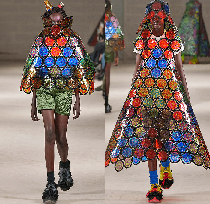 Noir Kei Ninomiya 2024-2025 Fall Autumn Winter Womens Collection - Paris Fashion Week PFW - Iridescence - Flowers Floral Plaid Check Studs Harness Vest Blazer Skirt Bows Safety Pins Trench Coat Robe Bicycle Shorts Paisley Weave Mesh Bomber Jacket Quilted Puffer Icicles Feathers Rainbow Gown Sheer Tulle Furry Keycaps Sculpture Radiant Color Samples Paint Fan Frankenstein Shoulders Pinafore Dress Cape Stained Glass Chandelier Wires Loops Coils Velvet Reebok Instapump Fury Trainers