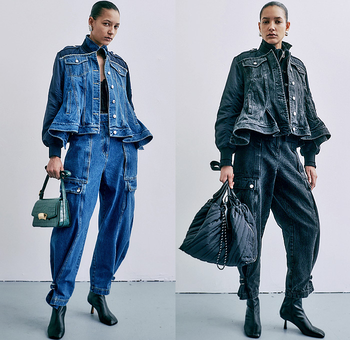 3.1 Phillip Lim 2024-2025 Fall Autumn Winter Womens Lookbook - New York Fashion Week NYFW - Denim Jeans Jacket Peplum Patchwork Utility Pockets Cargo Pants Straps Turtleneck Knit Sweater Fleece Military Skirt Gloves Jogger Sweatpants Hoodie Sweatshirt Snakeskin Lace Embroidery Leather Tights Leggings Suede Shirtdress Handkerchief Hem Bedazzled Sequins Crystals Blouse Plaid Check Accordion Pleats Cinch Tiles Fur Fringes Coat Pantsuit Blazer Wide Leg Kitten Heels Handbag