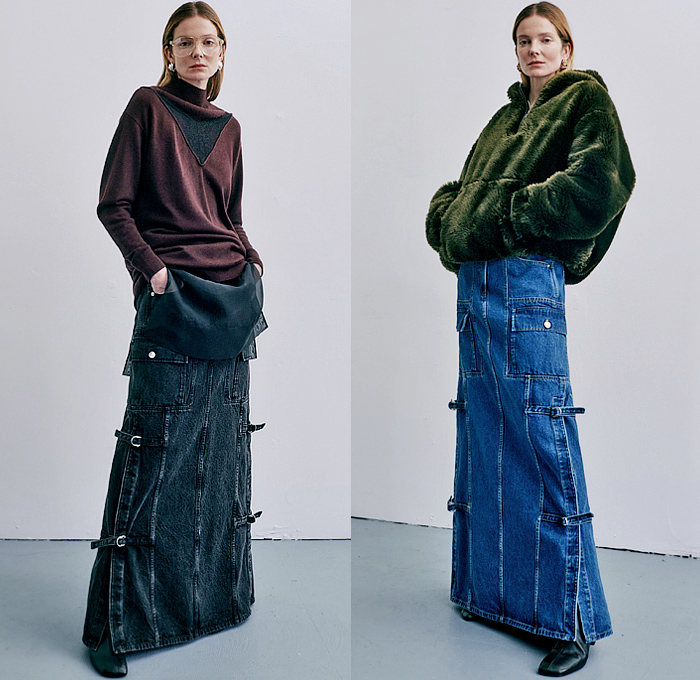 3.1 Phillip Lim 2024-2025 Fall Autumn Winter Womens Lookbook - New York Fashion Week NYFW - Denim Jeans Jacket Peplum Patchwork Utility Pockets Cargo Pants Straps Turtleneck Knit Sweater Fleece Military Skirt Gloves Jogger Sweatpants Hoodie Sweatshirt Snakeskin Lace Embroidery Leather Tights Leggings Suede Shirtdress Handkerchief Hem Bedazzled Sequins Crystals Blouse Plaid Check Accordion Pleats Cinch Tiles Fur Fringes Coat Pantsuit Blazer Wide Leg Kitten Heels Handbag