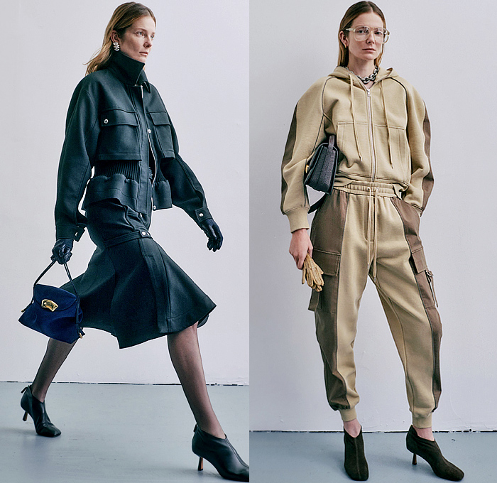 3.1 Phillip Lim 2024-2025 Fall Autumn Winter Womens Lookbook - New York Fashion Week NYFW - Denim Jeans Jacket Peplum Patchwork Utility Pockets Cargo Pants Straps Turtleneck Knit Sweater Fleece Military Skirt Gloves Jogger Sweatpants Hoodie Sweatshirt Snakeskin Lace Embroidery Leather Tights Leggings Suede Shirtdress Handkerchief Hem Bedazzled Sequins Crystals Blouse Plaid Check Accordion Pleats Cinch Tiles Fur Fringes Coat Pantsuit Blazer Wide Leg Kitten Heels Handbag