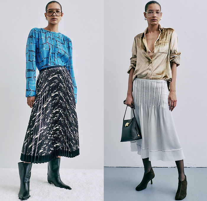 3.1 Phillip Lim 2024-2025 Fall Autumn Winter Womens Lookbook - New York Fashion Week NYFW - Denim Jeans Jacket Peplum Patchwork Utility Pockets Cargo Pants Straps Turtleneck Knit Sweater Fleece Military Skirt Gloves Jogger Sweatpants Hoodie Sweatshirt Snakeskin Lace Embroidery Leather Tights Leggings Suede Shirtdress Handkerchief Hem Bedazzled Sequins Crystals Blouse Plaid Check Accordion Pleats Cinch Tiles Fur Fringes Coat Pantsuit Blazer Wide Leg Kitten Heels Handbag