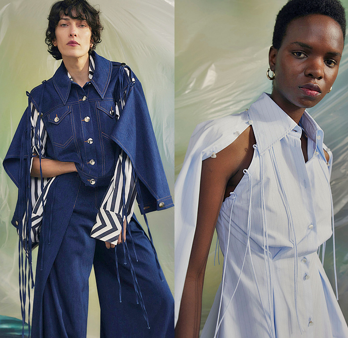 palmer//harding 2024 Pre-Fall Autumn Womens Lookbook - Denim Jeans Jacket Deconstructed Hybrid Loop Strings Hanging Sleeve Stripes Poplin Shirt Blouse Cutout Slashed Shirtdress Onesie V-Neck Cropped Wide Leg Palazzo Pants Trench Coat Blazer Panels Pleats Sneakers