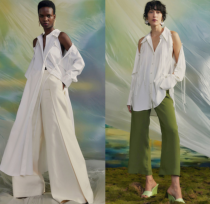 palmer//harding 2024 Pre-Fall Autumn Womens Lookbook - Denim Jeans Jacket Deconstructed Hybrid Loop Strings Hanging Sleeve Stripes Poplin Shirt Blouse Cutout Slashed Shirtdress Onesie V-Neck Cropped Wide Leg Palazzo Pants Trench Coat Blazer Panels Pleats Sneakers