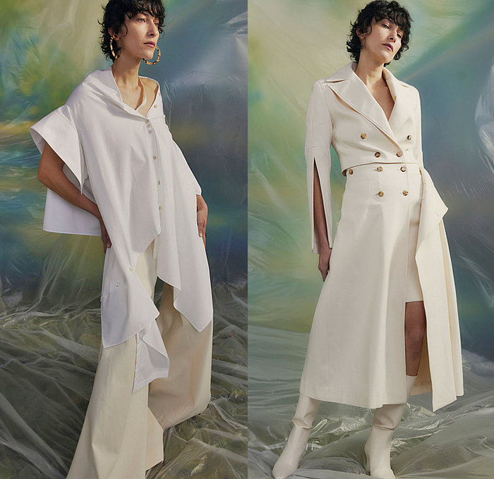 palmer//harding 2024 Pre-Fall Autumn Womens Lookbook - Denim Jeans Jacket Deconstructed Hybrid Loop Strings Hanging Sleeve Stripes Poplin Shirt Blouse Cutout Slashed Shirtdress Onesie V-Neck Cropped Wide Leg Palazzo Pants Trench Coat Blazer Panels Pleats Sneakers