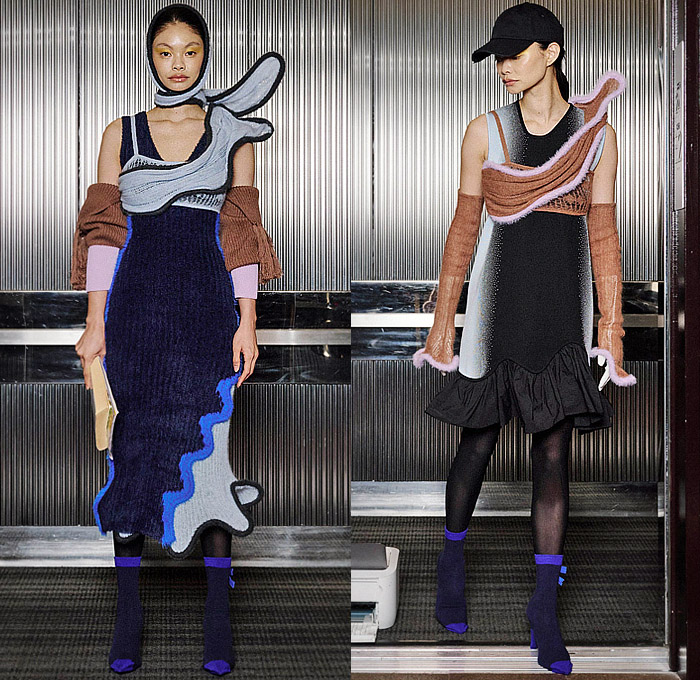 PH5 2024-2025 Fall Autumn Winter Womens Lookbook Presentation - New York Fashion Week NYFW - Knitwear Cardigan Wrap Ribbed Sweater Wavy Curves Gradient Dots Hourglass Arm Warmers Tights Stockings Mockneck Turtleneck Crop Top Midriff Bandeau Pinafore Dress Wide Leg Culottes Check Plaid Blouse Tassels Asymmetrical Jeans Patchwork Vest Quilted Puffer Marbled Tie-Dye Slit Bomber Jacket Knit Cap Scarf Socked Heels Boots