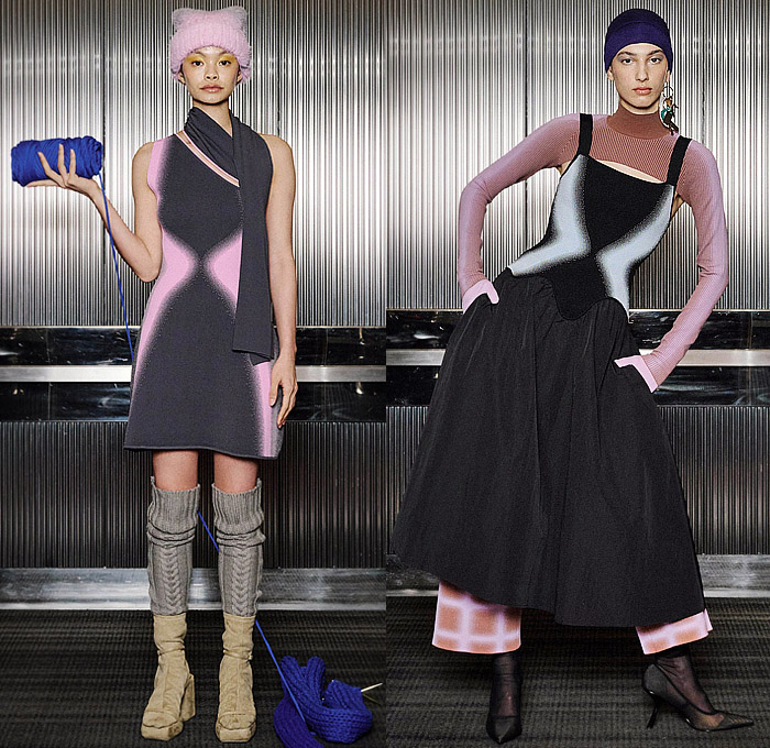 PH5 2024-2025 Fall Autumn Winter Womens Lookbook Presentation - New York Fashion Week NYFW - Knitwear Cardigan Wrap Ribbed Sweater Wavy Curves Gradient Dots Hourglass Arm Warmers Tights Stockings Mockneck Turtleneck Crop Top Midriff Bandeau Pinafore Dress Wide Leg Culottes Check Plaid Blouse Tassels Asymmetrical Jeans Patchwork Vest Quilted Puffer Marbled Tie-Dye Slit Bomber Jacket Knit Cap Scarf Socked Heels Boots