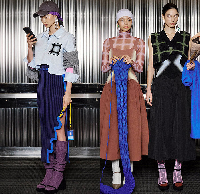 PH5 2024-2025 Fall Autumn Winter Womens Lookbook Presentation - New York Fashion Week NYFW - Knitwear Cardigan Wrap Ribbed Sweater Wavy Curves Gradient Dots Hourglass Arm Warmers Tights Stockings Mockneck Turtleneck Crop Top Midriff Bandeau Pinafore Dress Wide Leg Culottes Check Plaid Blouse Tassels Asymmetrical Jeans Patchwork Vest Quilted Puffer Marbled Tie-Dye Slit Bomber Jacket Knit Cap Scarf Socked Heels Boots