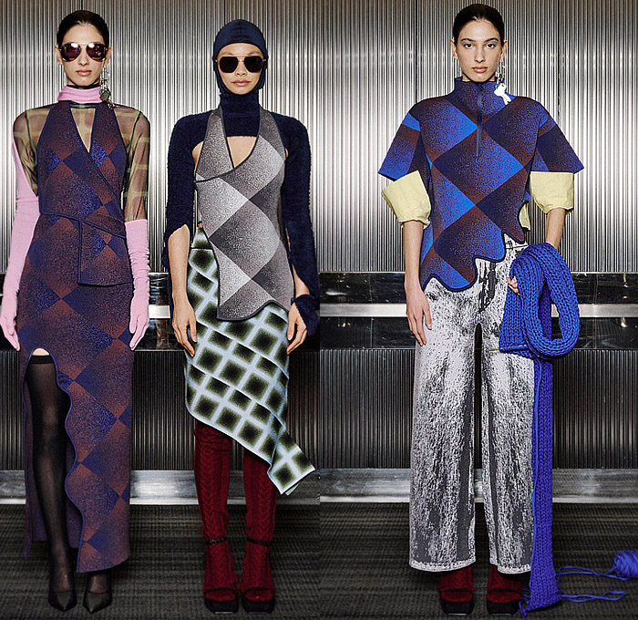 PH5 2024-2025 Fall Autumn Winter Womens Lookbook Presentation - New York Fashion Week NYFW - Knitwear Cardigan Wrap Ribbed Sweater Wavy Curves Gradient Dots Hourglass Arm Warmers Tights Stockings Mockneck Turtleneck Crop Top Midriff Bandeau Pinafore Dress Wide Leg Culottes Check Plaid Blouse Tassels Asymmetrical Jeans Patchwork Vest Quilted Puffer Marbled Tie-Dye Slit Bomber Jacket Knit Cap Scarf Socked Heels Boots