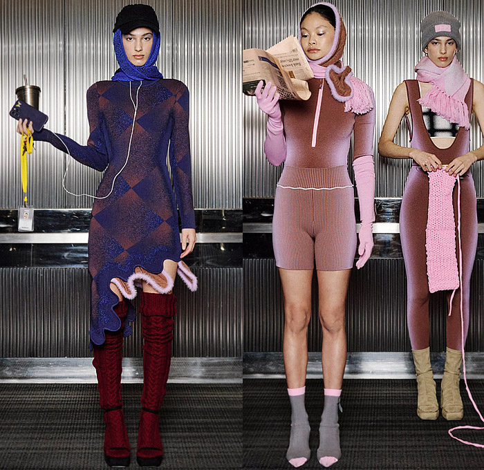 PH5 2024-2025 Fall Autumn Winter Womens Lookbook Presentation - New York Fashion Week NYFW - Knitwear Cardigan Wrap Ribbed Sweater Wavy Curves Gradient Dots Hourglass Arm Warmers Tights Stockings Mockneck Turtleneck Crop Top Midriff Bandeau Pinafore Dress Wide Leg Culottes Check Plaid Blouse Tassels Asymmetrical Jeans Patchwork Vest Quilted Puffer Marbled Tie-Dye Slit Bomber Jacket Knit Cap Scarf Socked Heels Boots