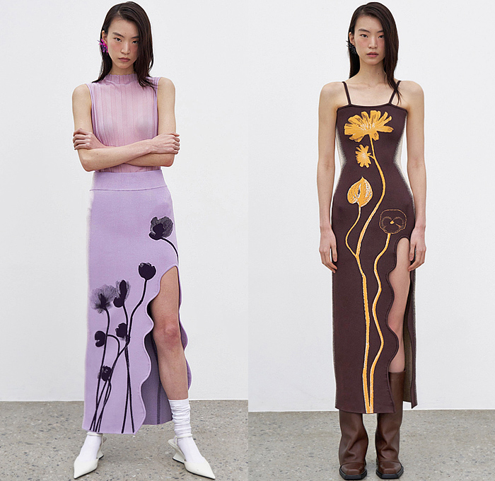 PH5 2024 Pre-Fall Autumn Womens Lookbook - Wavy Curvy Hem Ombré Gradient Dots Sweater Jumper Wide Leg Palazzo Pants Crop Top Midriff Ribbed Flowers Floral Miniskirt Strapless Open Shoulders Strings Fringes Trims Shift Dress Studs Asymmetrical Boots Mules