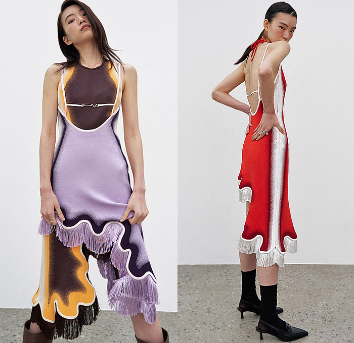 PH5 2024 Pre-Fall Autumn Womens Lookbook - Wavy Curvy Hem Ombré Gradient Dots Sweater Jumper Wide Leg Palazzo Pants Crop Top Midriff Ribbed Flowers Floral Miniskirt Strapless Open Shoulders Strings Fringes Trims Shift Dress Studs Asymmetrical Boots Mules