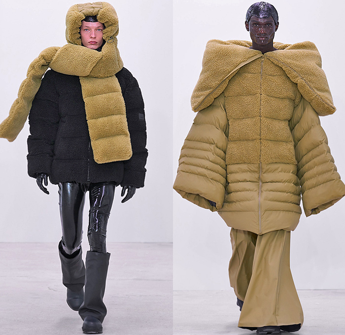 Rains 2024-2025 Fall Autumn Winter Mens Runway Looks - Paris Fashion Week Mens Homme Automne Hiver - Figures - Conceptual Uniform Postmodernist Colors Fleece Scarf Quilted Puffer Bubble Oversized Outerwear Coat Parka Jacket Wide Lapel Patchwork Nylon Metallic Poncho Cloak Blanket Hood Vest Drawstring Nebula Camo Camouflage Shorts Tights Leggings PVC Vinyl Pleather Wide Leg Baggy Loose Manskirt Canister Bags Boots Gloves