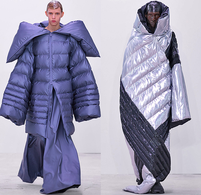 Rains 2024-2025 Fall Autumn Winter Mens Runway Looks - Paris Fashion Week Mens Homme Automne Hiver - Figures - Conceptual Uniform Postmodernist Colors Fleece Scarf Quilted Puffer Bubble Oversized Outerwear Coat Parka Jacket Wide Lapel Patchwork Nylon Metallic Poncho Cloak Blanket Hood Vest Drawstring Nebula Camo Camouflage Shorts Tights Leggings PVC Vinyl Pleather Wide Leg Baggy Loose Manskirt Canister Bags Boots Gloves