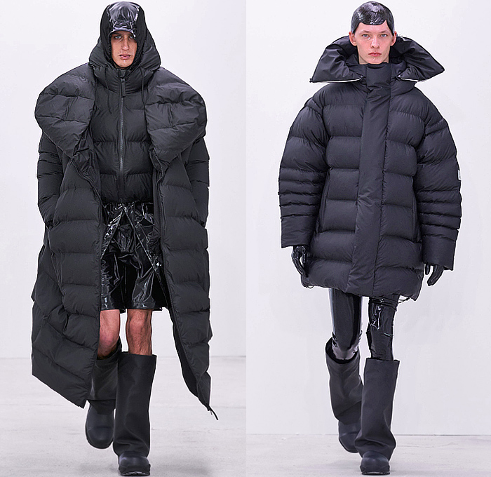 Rains 2024-2025 Fall Autumn Winter Mens Runway Looks - Paris Fashion Week Mens Homme Automne Hiver - Figures - Conceptual Uniform Postmodernist Colors Fleece Scarf Quilted Puffer Bubble Oversized Outerwear Coat Parka Jacket Wide Lapel Patchwork Nylon Metallic Poncho Cloak Blanket Hood Vest Drawstring Nebula Camo Camouflage Shorts Tights Leggings PVC Vinyl Pleather Wide Leg Baggy Loose Manskirt Canister Bags Boots Gloves