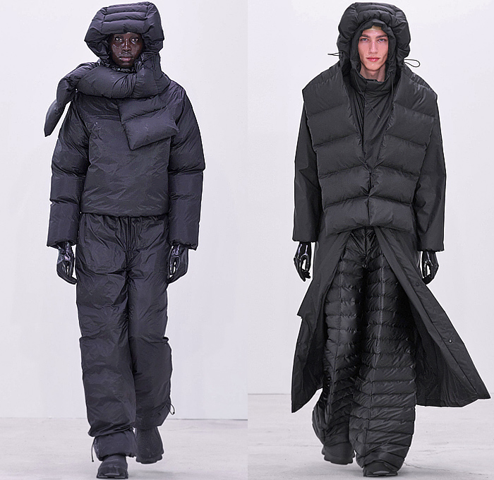 Rains 2024-2025 Fall Autumn Winter Mens Runway Looks - Paris Fashion Week Mens Homme Automne Hiver - Figures - Conceptual Uniform Postmodernist Colors Fleece Scarf Quilted Puffer Bubble Oversized Outerwear Coat Parka Jacket Wide Lapel Patchwork Nylon Metallic Poncho Cloak Blanket Hood Vest Drawstring Nebula Camo Camouflage Shorts Tights Leggings PVC Vinyl Pleather Wide Leg Baggy Loose Manskirt Canister Bags Boots Gloves