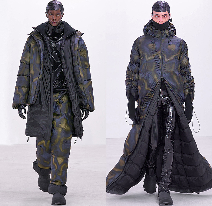 Rains 2024-2025 Fall Autumn Winter Mens Runway Looks - Paris Fashion Week Mens Homme Automne Hiver - Figures - Conceptual Uniform Postmodernist Colors Fleece Scarf Quilted Puffer Bubble Oversized Outerwear Coat Parka Jacket Wide Lapel Patchwork Nylon Metallic Poncho Cloak Blanket Hood Vest Drawstring Nebula Camo Camouflage Shorts Tights Leggings PVC Vinyl Pleather Wide Leg Baggy Loose Manskirt Canister Bags Boots Gloves