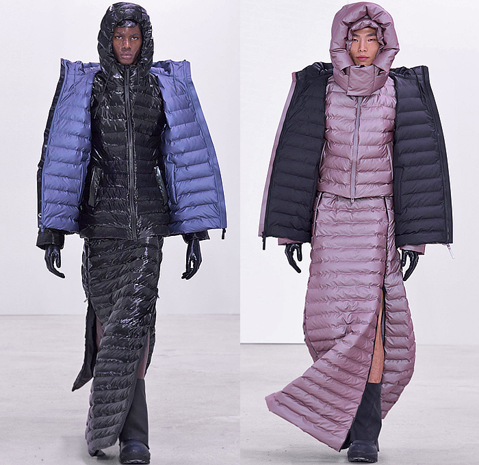 Rains 2024-2025 Fall Autumn Winter Mens Runway Looks - Paris Fashion Week Mens Homme Automne Hiver - Figures - Conceptual Uniform Postmodernist Colors Fleece Scarf Quilted Puffer Bubble Oversized Outerwear Coat Parka Jacket Wide Lapel Patchwork Nylon Metallic Poncho Cloak Blanket Hood Vest Drawstring Nebula Camo Camouflage Shorts Tights Leggings PVC Vinyl Pleather Wide Leg Baggy Loose Manskirt Canister Bags Boots Gloves