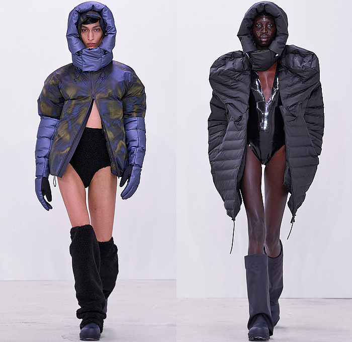 Rains 2024-2025 Fall Autumn Winter Womens Runway Looks - Paris Fashion Week Homme Automne Hiver - Figures - Camouflage Nebula Quilted Puffer Outerwear Parka Jacket Hood Fleece PVC Vinyl Pleather Onesie Leotard Jumpsuit Bubbles Drawstring Wide Leg Baggy Metallic Skirt Poncho Blanket Patchwork Long Coat Hotpants Leg Warmers Gloves Boots