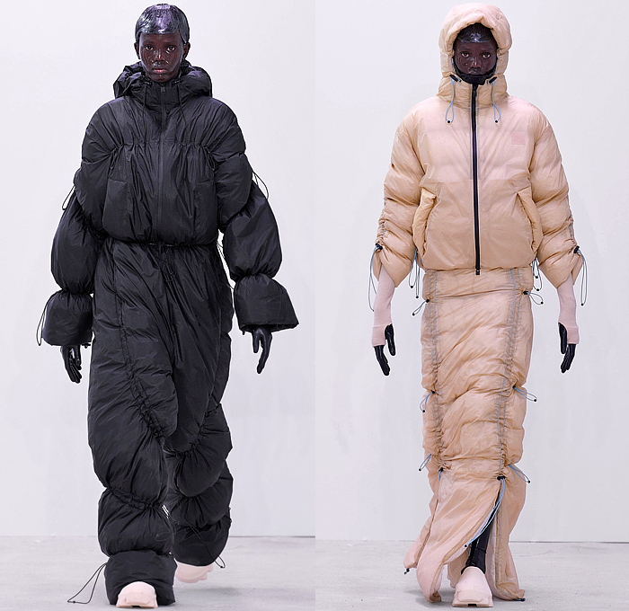 Rains 2024-2025 Fall Autumn Winter Womens Runway Looks - Paris Fashion Week Homme Automne Hiver - Figures - Camouflage Nebula Quilted Puffer Outerwear Parka Jacket Hood Fleece PVC Vinyl Pleather Onesie Leotard Jumpsuit Bubbles Drawstring Wide Leg Baggy Metallic Skirt Poncho Blanket Patchwork Long Coat Hotpants Leg Warmers Gloves Boots