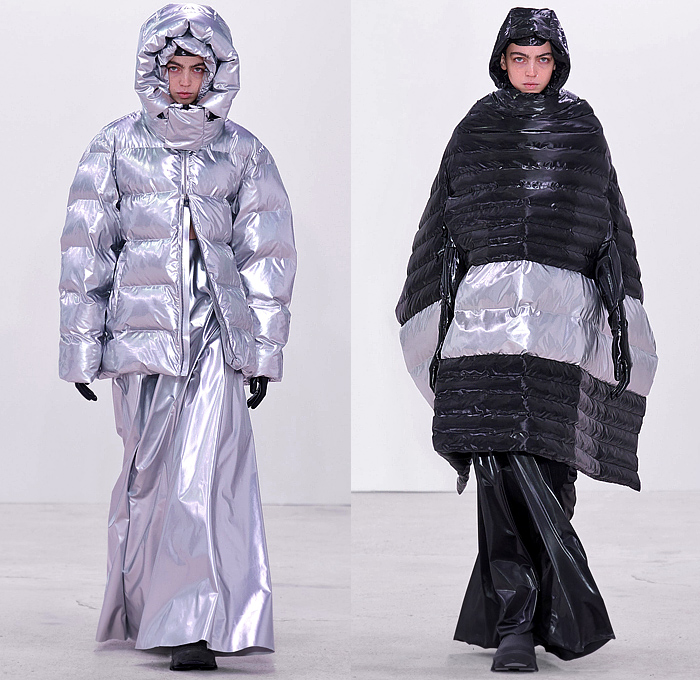 Rains 2024-2025 Fall Autumn Winter Womens Runway Looks - Paris Fashion Week Homme Automne Hiver - Figures - Camouflage Nebula Quilted Puffer Outerwear Parka Jacket Hood Fleece PVC Vinyl Pleather Onesie Leotard Jumpsuit Bubbles Drawstring Wide Leg Baggy Metallic Skirt Poncho Blanket Patchwork Long Coat Hotpants Leg Warmers Gloves Boots