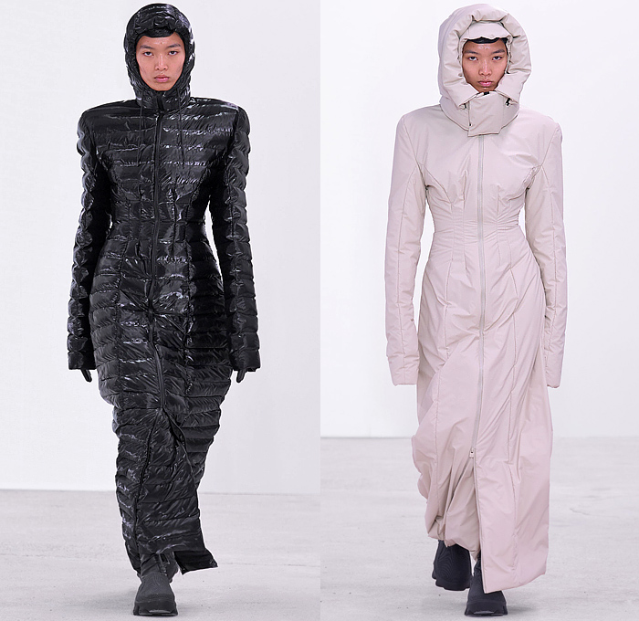 Rains 2024-2025 Fall Autumn Winter Womens Runway Looks - Paris Fashion Week Homme Automne Hiver - Figures - Camouflage Nebula Quilted Puffer Outerwear Parka Jacket Hood Fleece PVC Vinyl Pleather Onesie Leotard Jumpsuit Bubbles Drawstring Wide Leg Baggy Metallic Skirt Poncho Blanket Patchwork Long Coat Hotpants Leg Warmers Gloves Boots