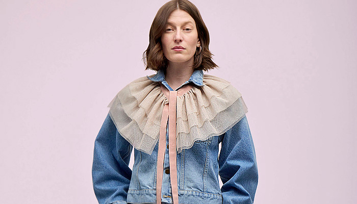 Rentrayage 2024-2025 Fall Autumn Winter Womens Lookbook - New York Fashion Week NYFW - Pinstripe Blouse Grommets Denim Jeans Utility Pants Patchwork Hybrid Deconstructed Blazerskirt Knit Cardigan Sweater Wide Leg Blazer Workwear Detachable Capelet Sheer Tulle Tiered Ruffles Wool Quilted Puffer Cargo Pockets Lace Embroidery Plaid Check Pleats Bedazzled Crystals Rhinestones Tutu Skirt Kitten Heels Boots Loafers