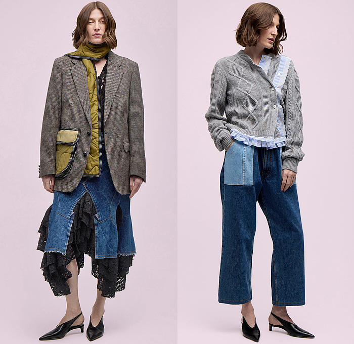 Rentrayage 2024-2025 Fall Autumn Winter Womens Lookbook - New York Fashion Week NYFW - Pinstripe Blouse Grommets Denim Jeans Utility Pants Patchwork Hybrid Deconstructed Blazerskirt Knit Cardigan Sweater Wide Leg Blazer Workwear Detachable Capelet Sheer Tulle Tiered Ruffles Wool Quilted Puffer Cargo Pockets Lace Embroidery Plaid Check Pleats Bedazzled Crystals Rhinestones Tutu Skirt Kitten Heels Boots Loafers