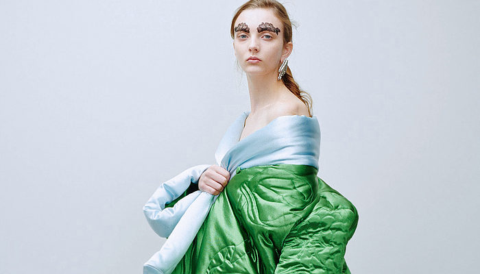 Rochas 2024-2025 Fall Autumn Winter Womens Lookbook Presentation - Paris Fashion Week Femme PFW - The Eye Has to Travel - Denim Jeans Blazer Embroidery Veins Fur Loungewear Quilted Puffer Silk Satin Flowers Floral Sheer Tulle Lace Tights Stockings Knit Blanket Robe Cheetah Velvet Trench Coat Draped Brooch Broche Strings Slouchy One Shoulder Gauntlet Art Deco Shells Metal Coils Padded Accordion Pleats Rectangular Neck Stripes Maxi Dress Purse Clutch Heels Flats