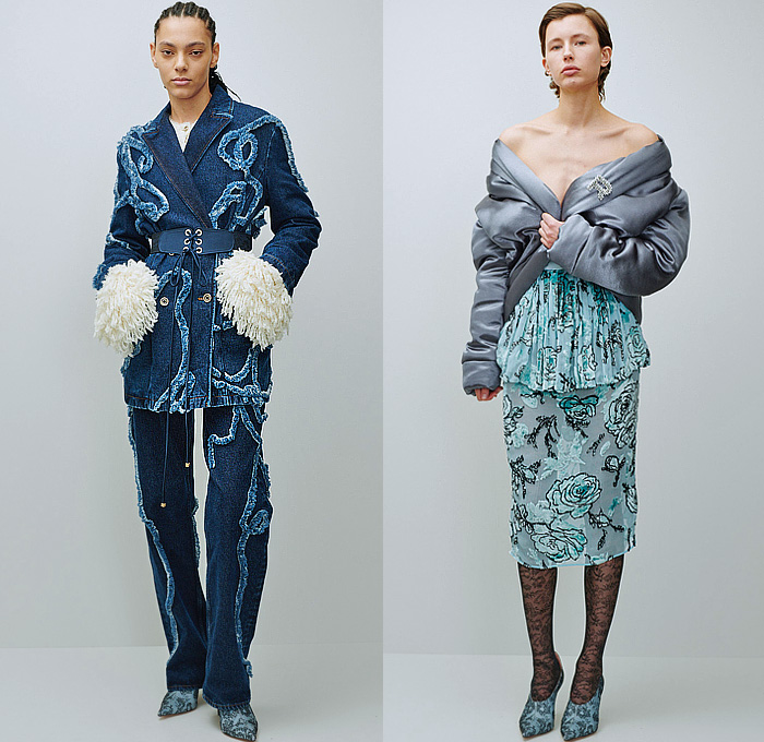 Rochas 2024-2025 Fall Autumn Winter Womens Lookbook Presentation - Paris Fashion Week Femme PFW - The Eye Has to Travel - Denim Jeans Blazer Embroidery Veins Fur Loungewear Quilted Puffer Silk Satin Flowers Floral Sheer Tulle Lace Tights Stockings Knit Blanket Robe Cheetah Velvet Trench Coat Draped Brooch Broche Strings Slouchy One Shoulder Gauntlet Art Deco Shells Metal Coils Padded Accordion Pleats Rectangular Neck Stripes Maxi Dress Purse Clutch Heels Flats