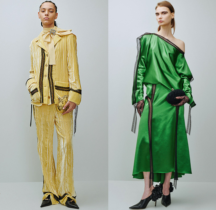 Rochas 2024-2025 Fall Autumn Winter Womens Lookbook Presentation - Paris Fashion Week Femme PFW - The Eye Has to Travel - Denim Jeans Blazer Embroidery Veins Fur Loungewear Quilted Puffer Silk Satin Flowers Floral Sheer Tulle Lace Tights Stockings Knit Blanket Robe Cheetah Velvet Trench Coat Draped Brooch Broche Strings Slouchy One Shoulder Gauntlet Art Deco Shells Metal Coils Padded Accordion Pleats Rectangular Neck Stripes Maxi Dress Purse Clutch Heels Flats