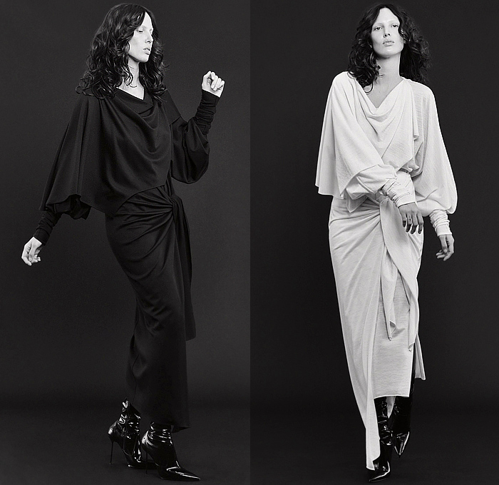 Salon 1884 2024 Pre-Fall Autumn Womens Lookbook - Fishnet Mesh Onesie Bodysuit Jumpsuit Leather Cutout Tied Knot Holes Peel Away Fold Over Wide Sleeves Capelet Pellegrina Draped Blazer Jacket Cups Bralette Wide Leg Palazzo Pants Staple Stitch Outerwear Trench Coat Robe Strapless Open Shoulders Dress Cap Sleeve Thigh High Boots Stiletto Heels