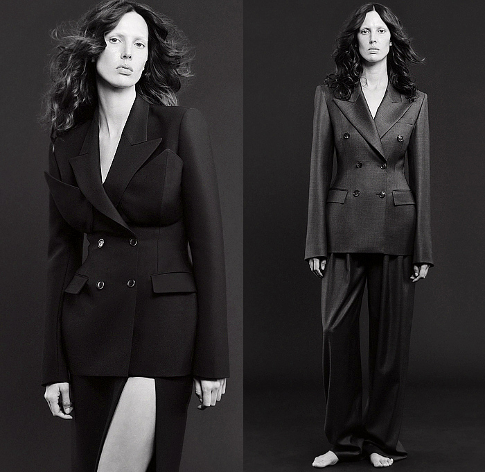 Salon 1884 2024 Pre-Fall Autumn Womens Lookbook - Fishnet Mesh Onesie Bodysuit Jumpsuit Leather Cutout Tied Knot Holes Peel Away Fold Over Wide Sleeves Capelet Pellegrina Draped Blazer Jacket Cups Bralette Wide Leg Palazzo Pants Staple Stitch Outerwear Trench Coat Robe Strapless Open Shoulders Dress Cap Sleeve Thigh High Boots Stiletto Heels