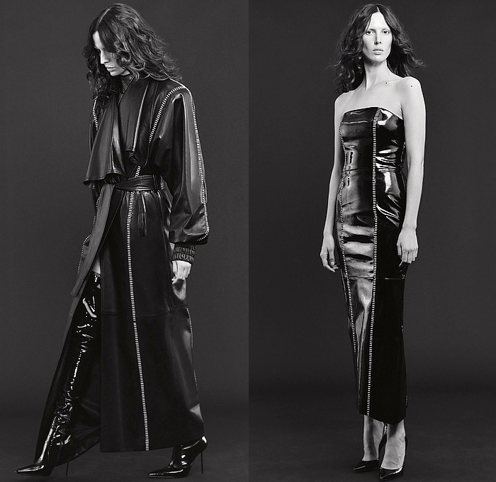 Salon 1884 2024 Pre-Fall Autumn Womens Lookbook - Fishnet Mesh Onesie Bodysuit Jumpsuit Leather Cutout Tied Knot Holes Peel Away Fold Over Wide Sleeves Capelet Pellegrina Draped Blazer Jacket Cups Bralette Wide Leg Palazzo Pants Staple Stitch Outerwear Trench Coat Robe Strapless Open Shoulders Dress Cap Sleeve Thigh High Boots Stiletto Heels