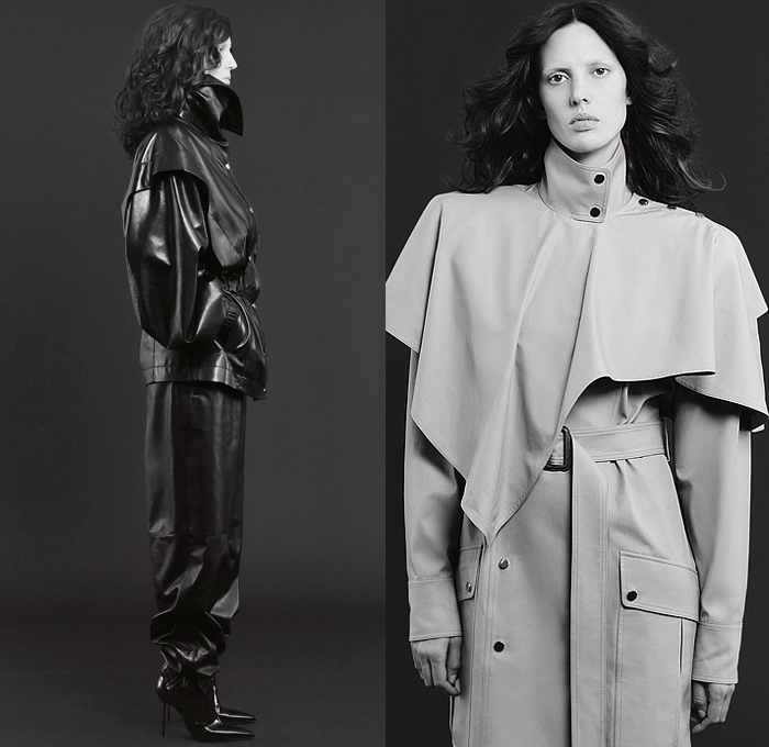 Salon 1884 2024 Pre-Fall Autumn Womens Lookbook - Fishnet Mesh Onesie Bodysuit Jumpsuit Leather Cutout Tied Knot Holes Peel Away Fold Over Wide Sleeves Capelet Pellegrina Draped Blazer Jacket Cups Bralette Wide Leg Palazzo Pants Staple Stitch Outerwear Trench Coat Robe Strapless Open Shoulders Dress Cap Sleeve Thigh High Boots Stiletto Heels