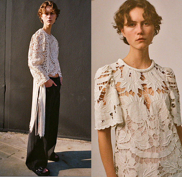 Sea New York 2024 Pre-Fall Autumn Womens Lookbook - Deconstructed Denim Jeans Vest Skirt Lace Needlework Embroidery Cutwork Cutout Eyelets Blouse Faded Slouchy Knit Crochet Fringes Cardigan Wide Leg Palazzo Pants Flowers Floral Hearts Decorative Art Ornamental Fanny Pack Belt Bag Pouch Blazer Maxi Dress Tiered Ruffles Sheer Tulle Beads Pearls Mesh Fishnet Animals Fish Donkey Deer Duck Field Supply Jacket Boots Sliders