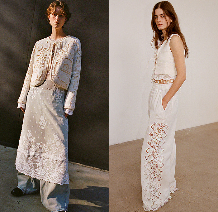 Sea New York 2024 Pre-Fall Autumn Womens Lookbook - Deconstructed Denim Jeans Vest Skirt Lace Needlework Embroidery Cutwork Cutout Eyelets Blouse Faded Slouchy Knit Crochet Fringes Cardigan Wide Leg Palazzo Pants Flowers Floral Hearts Decorative Art Ornamental Fanny Pack Belt Bag Pouch Blazer Maxi Dress Tiered Ruffles Sheer Tulle Beads Pearls Mesh Fishnet Animals Fish Donkey Deer Duck Field Supply Jacket Boots Sliders